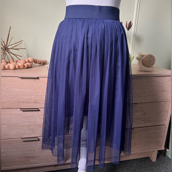 Navy Blue Modest Layered Pleated Highwaist Mesh Tutu Midi Knee-Length Skirt XS-S - Picture 9 of 16
